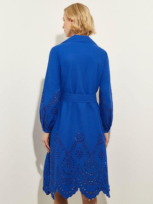 Eyelet Trim Belted Cotton Blend Jacket, Satin Sky | Misook