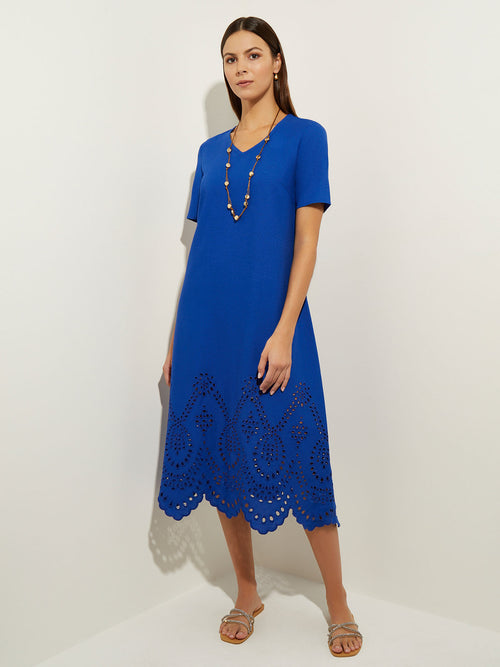 Eyelet Trim Cotton Blend Midi Dress, Satin Sky | Misook