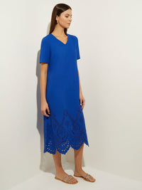 Eyelet Trim Cotton Blend Midi Dress, Satin Sky | Misook