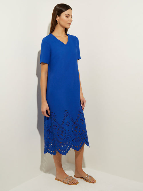 Eyelet Trim Cotton Blend Midi Dress, Satin Sky | Misook