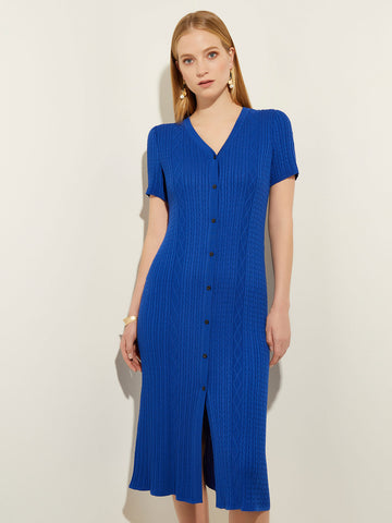 Button-Front Soft Cable Knit Midi Dress