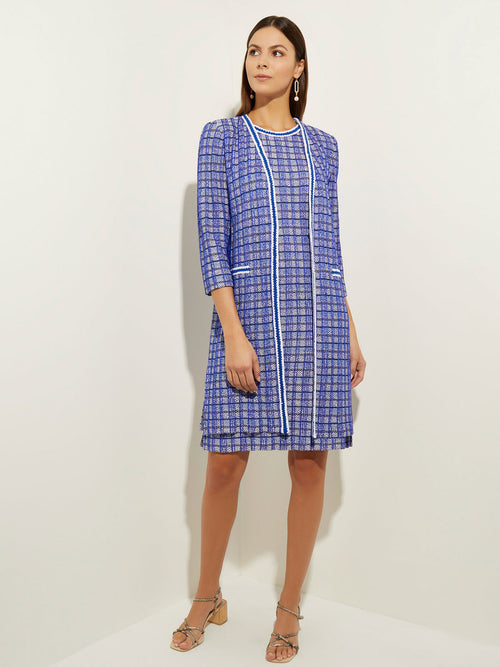 Contrast Trim Novelty Tweed Knit Topper, Satin Sky/Cirrus Blue/White/Black | Misook