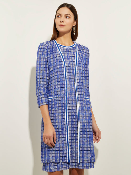 Contrast Trim Novelty Tweed Knit Topper, Satin Sky/Cirrus Blue/White/Black | Misook
