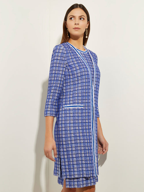 Contrast Trim Novelty Tweed Knit Topper, Satin Sky/Cirrus Blue/White/Black | Misook