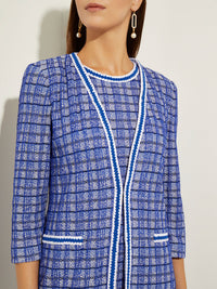 Contrast Trim Novelty Tweed Knit Topper, Satin Sky/Cirrus Blue/White/Black | Misook Premium Details
