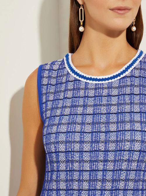 Contrast Trim Novelty Tweed Knit Midi Dress, Satin Sky/Cirrus Blue/White/Black | Misook Premium Details