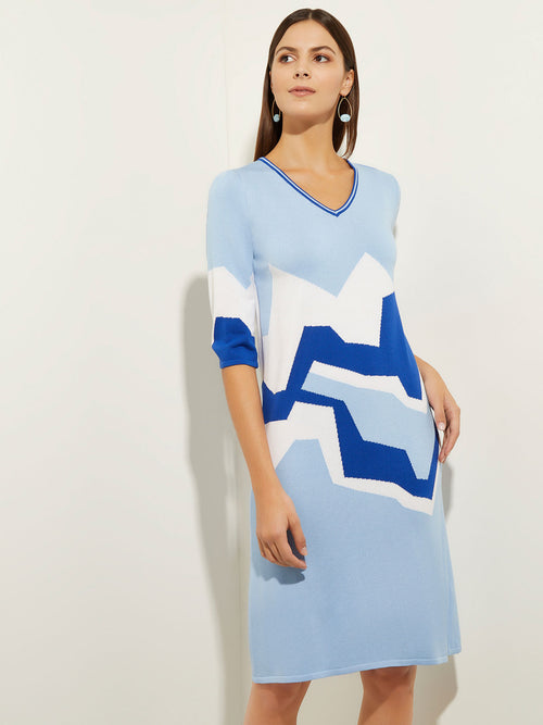 V-Neck Landscape Print Soft Knit Dress, Cirrus Blue/Satin Sky/White | Misook
