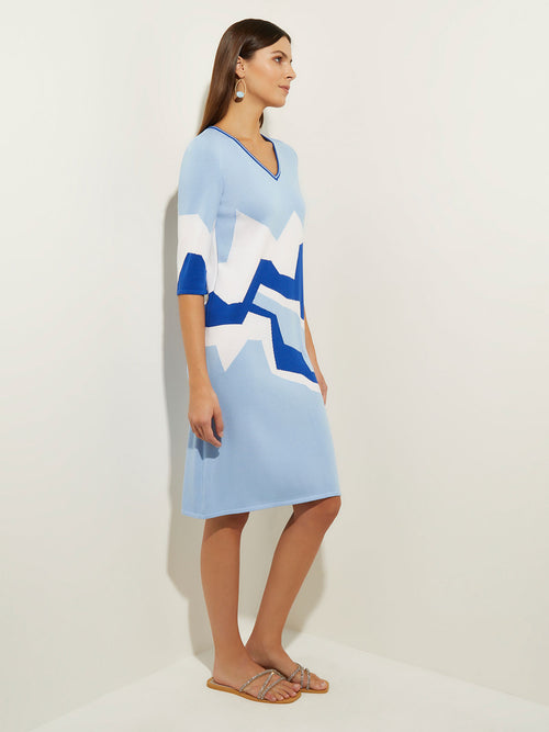 V-Neck Landscape Print Soft Knit Dress, Cirrus Blue/Satin Sky/White | Misook