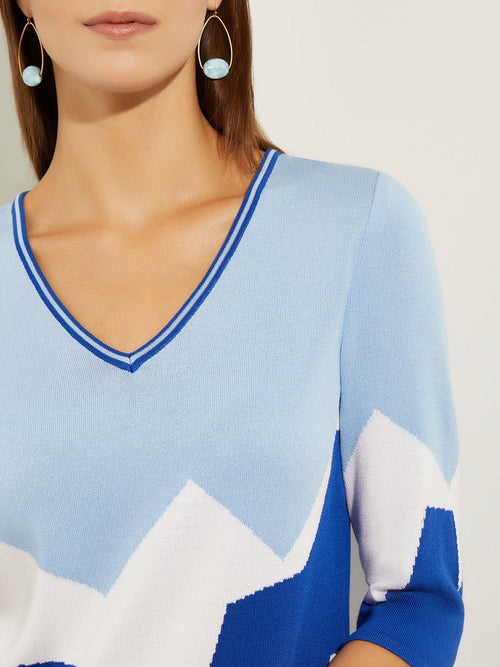 V-Neck Landscape Print Soft Knit Dress, Cirrus Blue/Satin Sky/White | Misook Premium Details