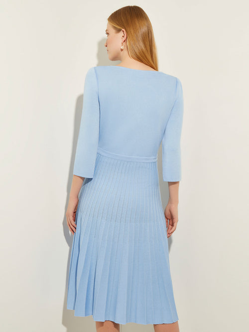 Pleated Contrast Panel Soft Knit Dress, Cirrus Blue, Cirrus Blue/White | Misook