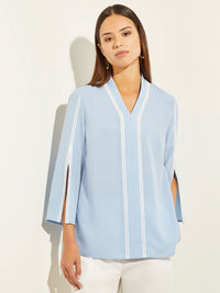 V-Neck Split Sleeve Crepe de Chine Blouse, Cirrus Blue/White | Misook