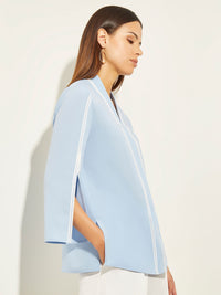 V-Neck Split Sleeve Crepe de Chine Blouse, Cirrus Blue/White | Misook