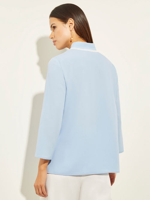 V-Neck Split Sleeve Crepe de Chine Blouse, Cirrus Blue/White | Misook