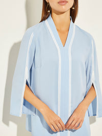 V-Neck Split Sleeve Crepe de Chine Blouse, Cirrus Blue/White | Misook Premium Details