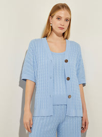 Button-Front Short Sleeve Soft Cable Knit Cardigan, Cirrus Blue | Misook