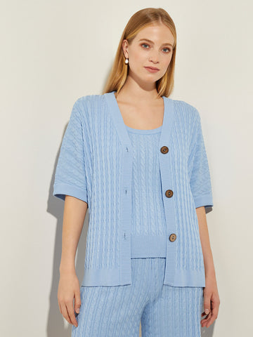 Button-Front Short Sleeve Soft Cable Knit Cardigan