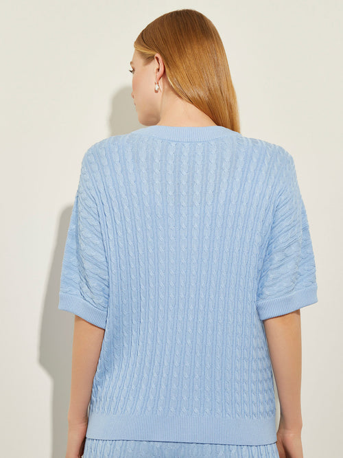 Button-Front Short Sleeve Soft Cable Knit Cardigan, Cirrus Blue | Misook