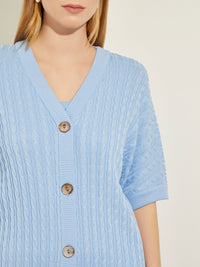 Button-Front Short Sleeve Soft Cable Knit Cardigan, Cirrus Blue | Misook Premium Details