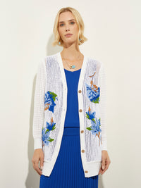 Embroidered Pointelle Knit Boyfriend Cardigan, White/Satin Sky/Cirrus Blue/Matisse Green/Italian Clay | Misook