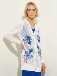 Embroidered Pointelle Knit Boyfriend Cardigan, White/Satin Sky/Cirrus Blue/Matisse Green/Italian Clay | Misook