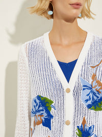 Embroidered Pointelle Knit Boyfriend Cardigan, White/Satin Sky/Cirrus Blue/Matisse Green/Italian Clay | Misook Premium Details