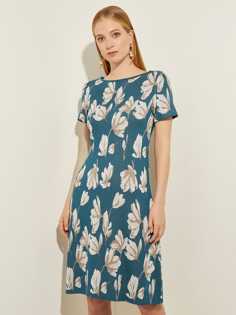 Bold Floral Soft Knit A-Line Dress, Spruce/Rose Petal/Macchiato/Biscotti | Misook