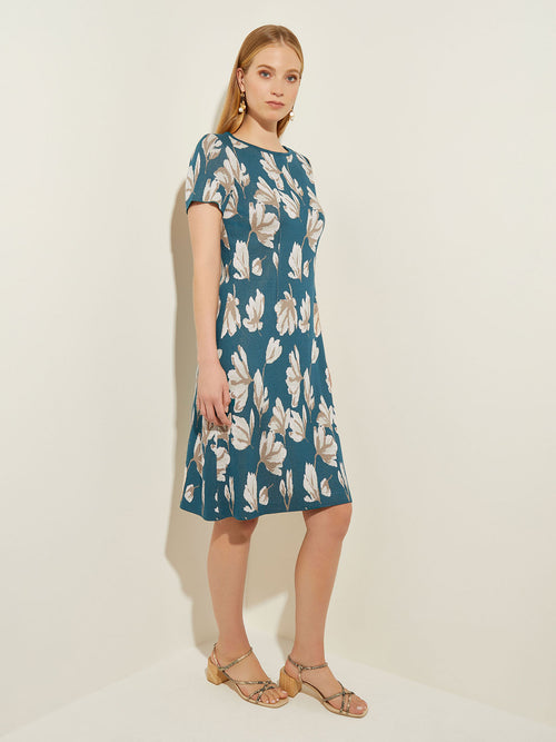 Bold Floral Soft Knit A-Line Dress, Spruce/Rose Petal/Macchiato/Biscotti | Misook