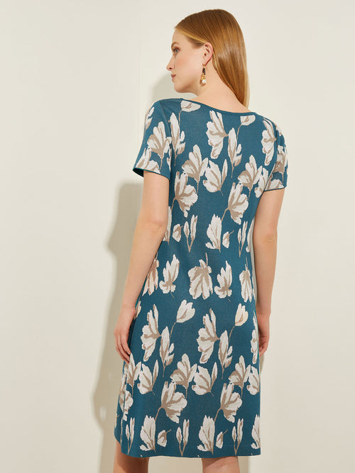 Bold Floral Soft Knit A-Line Dress, Spruce/Rose Petal/Macchiato/Biscotti | Misook
