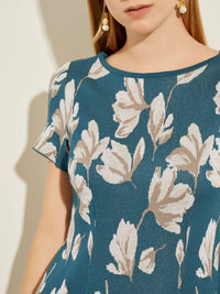 Bold Floral Soft Knit A-Line Dress, Spruce/Rose Petal/Macchiato/Biscotti | Misook Premium Details