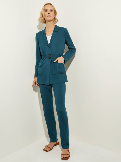 Belted Lapel Collar Classic Knit Jacket, Spruce | Misook