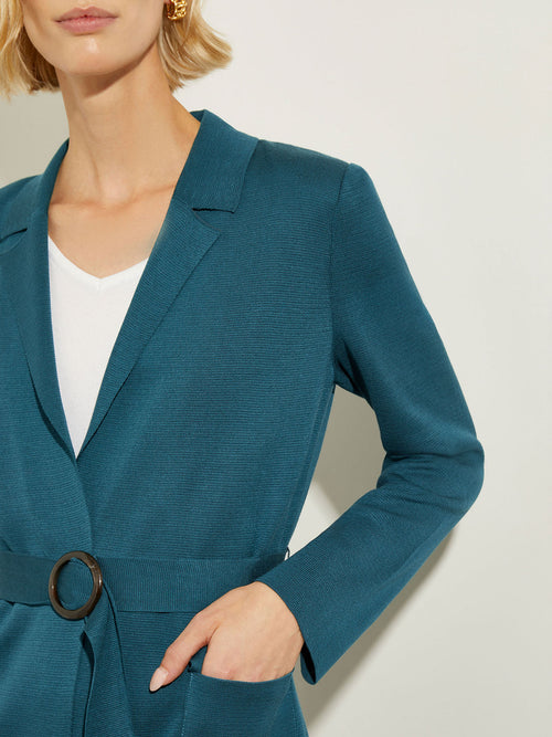 Belted Lapel Collar Classic Knit Jacket, Spruce | Misook Premium Details