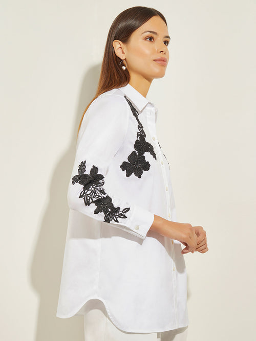 Floral Applique Stretch Cotton Blouse, Black/White | Misook