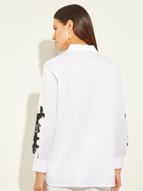 Floral Applique Stretch Cotton Blouse, Black/White | Misook