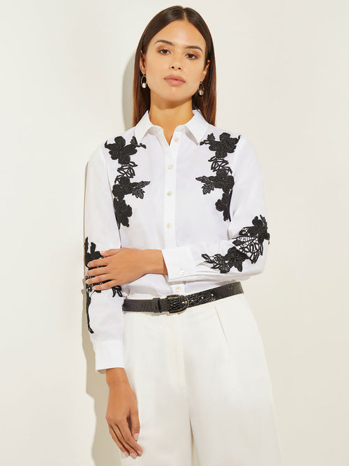 Floral Applique Stretch Cotton Blouse, Black/White | Misook