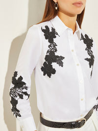 Floral Applique Stretch Cotton Blouse, Black/White | Misook Premium Details