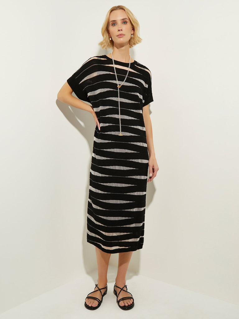 Burnout Stripe Soft Knit Dress, Black/White | Misook