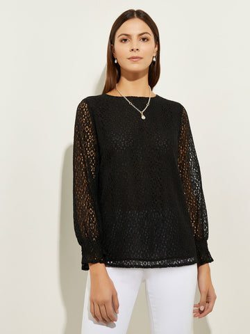 Puff Sleeve Lace Overlay Woven Blouse