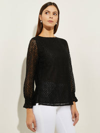 Puff Sleeve Lace Overlay Woven Blouse, Black | Misook
