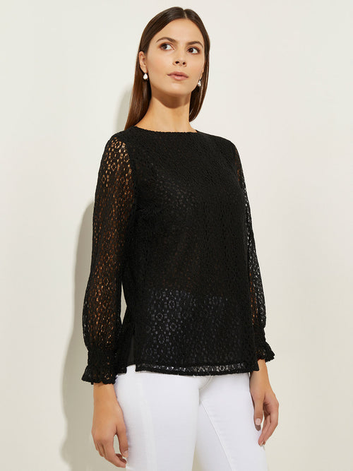 Puff Sleeve Lace Overlay Woven Blouse, Black | Misook