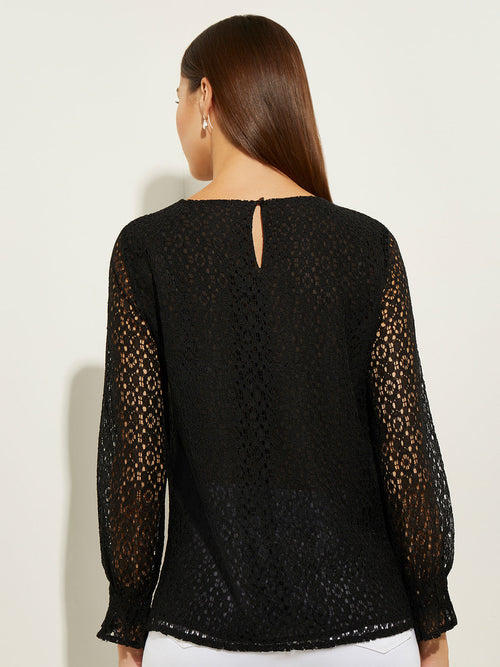 Puff Sleeve Lace Overlay Woven Blouse, Black | Misook