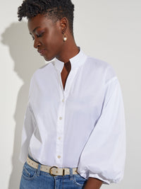 Bishop Sleeve Stretch Cotton Blouse, White | Misook Premium Details