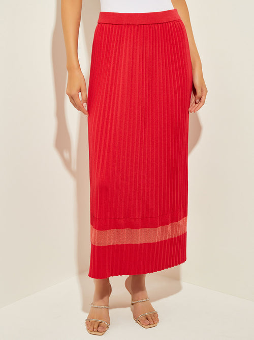 Burnout Accent Pleated Soft Knit Maxi Skirt, Sunset Red | Misook