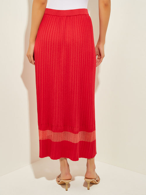 Burnout Accent Pleated Soft Knit Maxi Skirt, Sunset Red | Misook