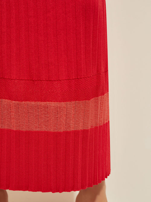 Burnout Accent Pleated Soft Knit Maxi Skirt, Sunset Red | Misook Premium Details