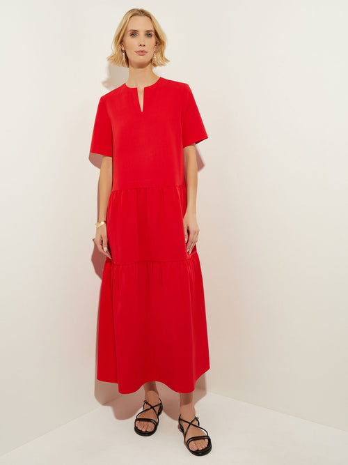 A-Line Stretch Crepe Tiered Maxi Dress, Sunset Red | Misook