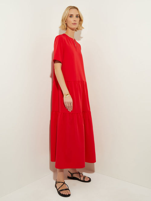 A-Line Stretch Crepe Tiered Maxi Dress, Sunset Red | Misook