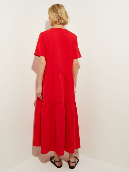 A-Line Stretch Crepe Tiered Maxi Dress, Sunset Red | Misook