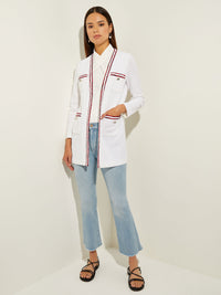 Relaxed Contrast Trim Knit Jacket, White/Sunset Red/Black | Misook