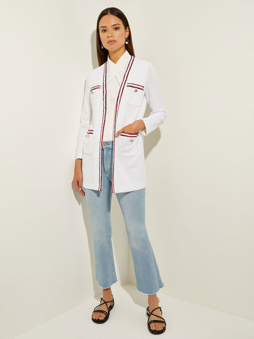 Relaxed Contrast Trim Knit Jacket, White/Sunset Red/Black | Misook