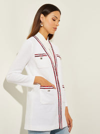 Relaxed Contrast Trim Knit Jacket, White/Sunset Red/Black | Misook